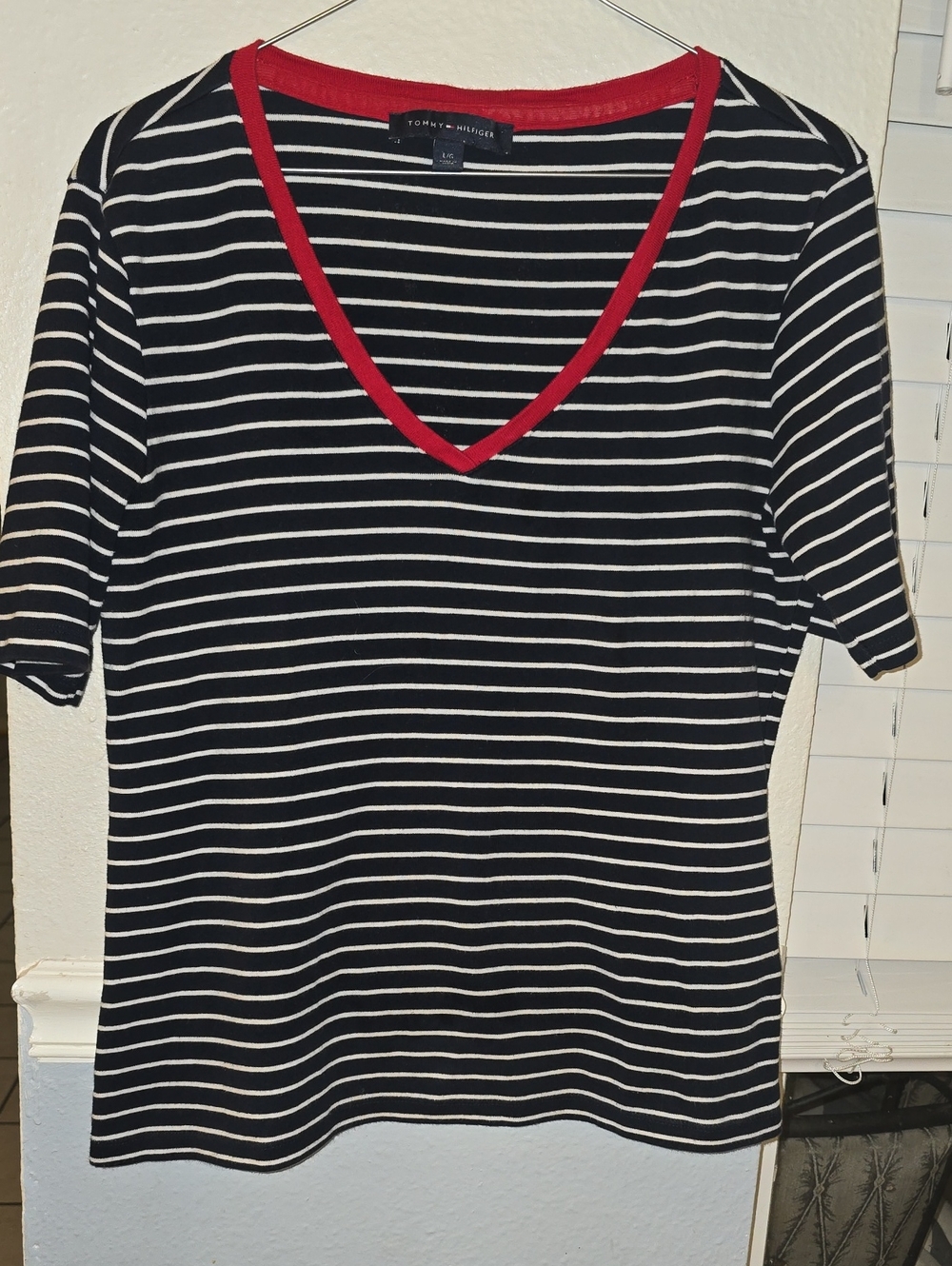 Tommy Hilfiger Black & White Striped V-Neck Top with Red Trim